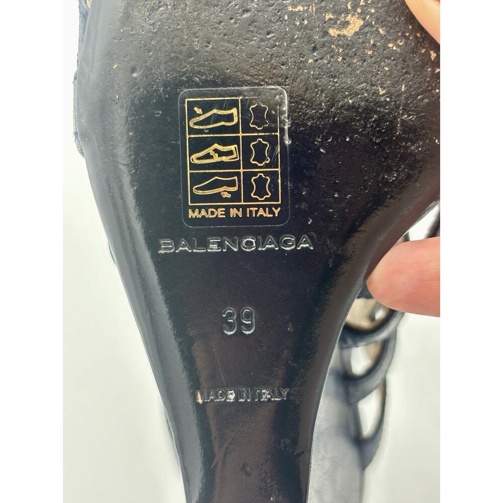 Balenciaga Wedge Sandals Navy Blue Leather Studded Size 39 / 9 Ankle Strap - Picture 10 of 15
